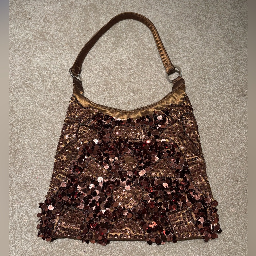 Sequin Embellished Brown Shoulder Bag